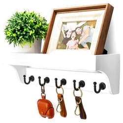 Rebee Vision Key and Mail Holder for Wall with Floating Shelf : Decorative Hanging Organizer with 5 Sturdy Keys Hooks and Wall Mount Key Rack - Farmhouse Entryway Décor (Modern White)