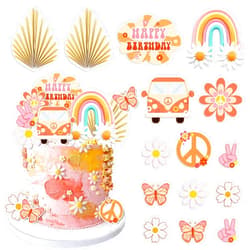 DRWATE 15 PCS Groovy Cupcake Toppers Boho Rainbow Cake Topper Hippie Party Decorations with Flower Bus Happy Birthday for Girl 2nd Birthday Party 60s Theme Boho Groovy Party Supplies (Bohemia)