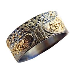 CrazyAss Jewelry Designs unique viking ring, celtic wedding band, tree of life ring black silver 14k gold, mens wedding ring molten gold and silver, Yggdrasil ring