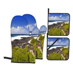 Aekhamu 4-Piece Oven Glove and Pot Holder,Stony Landscape of The Island,Heat-Resistant Oven Glove and Pot Holder,Can Be Used for Cooking and Grilling One Size Blue