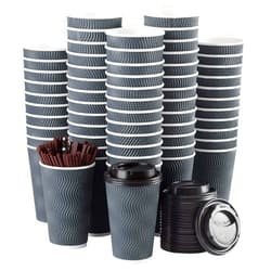 SPRINGPACK Disposable Coffee Cups with Lids and Straws - 16 oz (90 Set) To Go Hot Paper Coffee Cup with Lid Togo for Beverages Tea Espresso Insulated Reusable Cold Drinks Ripple Cups