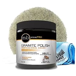 MB Stone Care Granite Polishing Compound 8.5 oz - Norton Ultra Grizzly Pad 7-3/4 Inch - 16 x 16 Microfiber Cloth - Gloves - BUNDLE - 4 Items
