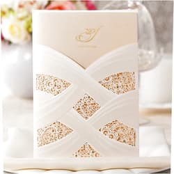 Hosmsua 50PCS Customized Ivory Wedding Invitations Kit 5.12x7.2 Inch Laser Cut Gold Foil Hollow Flora Lace Sleeve Pocket Wedding Quinceanera Invitation with Envelopes