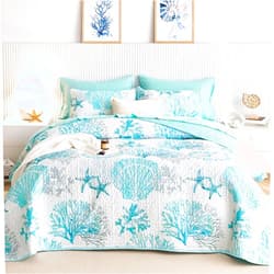 Wake In Cloud - Coastal Quilt Set, Nautical Ocean Beach Themed Tropical Summer Patterned, Reversible Lightweight Bedspread Coverlet, 3 Pieces, Aqua Turquoise, Queen/Full Size