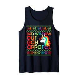 Gay Ugly Christmas Sweaters, Apparel, and Gifts Gay Christmas Rainbow Unicorn Don We Now Our Gay Apparel Tank Top