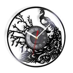OTKU 12 inch Clock Proud Bird Peacock with Feather Out Wall Art Modern Wall Clock Whimsical Vinyl Record Wall Clock Retro Decorative Wall Watch for Vintage Room Decoration