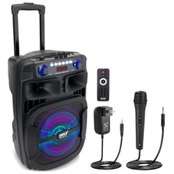 Pyle Portable Bluetooth PA Speaker System - 800W 12” Outdoor Bluetooth Speaker Portable PA System - Party Lights, USB SD Card Reader, FM Radio, Rolling Wheels - Wired microphone, Remote - PPHP128B