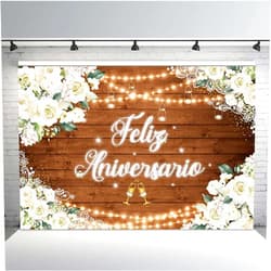 MEHOFOND 7x5ft Feliz Aniversario Backdrop Bohemia Mr and Mrs Happy Anniversary Wedding Valentines Wooden Background Engagement Party Banner Decorations for Photobooth Props