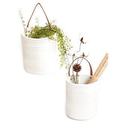 Goodpick 2pack Rope Hanging Basket - Small Round Hanging Basket Storage for Key, Sunglasses, Wallet on Door - Modern Woven Basket Wall Decor for Plant, White Cotton Basket 7.87 x 7 x 11.7 inches