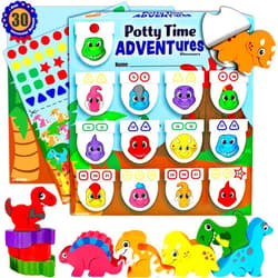 LIL ADVENTS Potty Time Adventures Potty Training Chart by Lil ADVENTS - Dinosaurs with 14 Wood Block Toy Prizes - Potty Training Advent Game - Wooden Block Toys, Reward Chart, Activity Board & Stickers