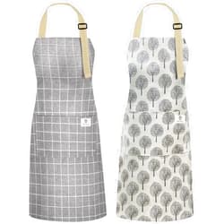 NLUS 2 Pack Waterproof Cooking Aprons, Adjustable Bib Soft Chef Apron with 2 Pockets for Men Women (Gray Stripe/Gray Trees)