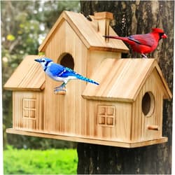 STARSWR Bird Houses for Outside,Outdoor 3 Hole Bird House Room for 3 Bird Families Bluebird Finch Cardinals Wooden Hanging Birdhouse for Garden