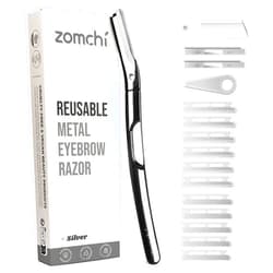ZOMCHI Eyebrow Razor and Face Razor for Women and Men, Reusable Metal Handle with 11 Refill Blades, Dermaplane Razor with Protective Silicone Cap, Eyebrow Hair Trimmer - Polished Silver