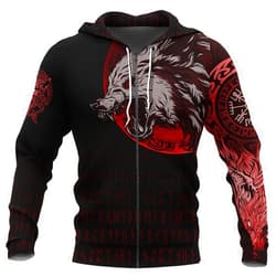WDBAYXH Fenrir Wolf 3D Print Hoodie Viking Compass Sweatshirt, Men's Full Zip Pullover, Casual Tracksuit Jacket Streetwear,Zip,3XL