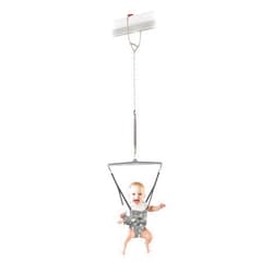 Jolly Jumper Iconic (Grey Safari), Doorway Baby Jumper, Indoor Exercise Saddle Seat, Adjustable Height, for Infants up to 28lbs, Black, No Stand Required