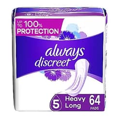 Always Discreet, Incontinence & Postpartum Pads for Women, Size 5, Heavy Absorbency, Long Length, 64 Count