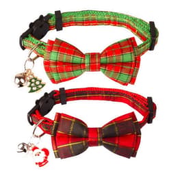 ADOGGYGO Christmas Cat Collars with Bow Bell, Breakaway Cat Bowtie Collar Red Green Plaid Christmas Collars for Girl Boy Cats Kittens (Christmas)