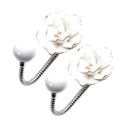 MDPLY Beautiful 3D Flower Ceramic Wall Coat Hooks, Chrome Decorative Robe Hook, Scarf, Bag, Towel, Hat etc for Kitchen Bathroom Office (2Pcs White Ceramic Set)