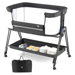 BABY JOY Bassinet Bedside Sleeper, Easy Folding Crib w/All-Side Mesh, Storage Shelf, 7 Adjustable Heights, Mattress & Travel Bag for Safe Co-Sleeping, Portable Bed for Newborn Infant -Black