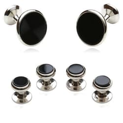 Cuff-Daddy Mens Black Onyx and Silver Cufflinks Studs Tuxedo Formal Set with Presentation Box Groom Groomsmen Wedding