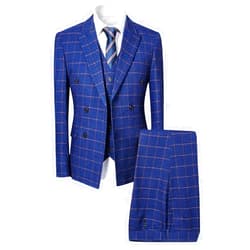 Cloudstyle Mens Blue Slim Fit 3 Piece Checked Suits Double Breasted Vintage Fashion