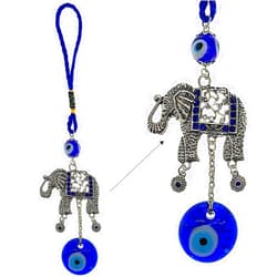 LUCKBOOSTIUM Silver Elephant w/Blue, White & Black Resin Evil Eye Beads Tassels Charms - Evil Eye Car Hanging Ornament-Rear View Mirror Accessories-Keychain Charm for Bag, Home & Office Door