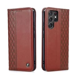 TOHULLE Case for Samsung Galaxy S22 Ultra, Premium PU Leather Wallet Case Card Holder Kickstand Built-in Magnetic Closure Plaid Pattern Flip Folio Phone Cover for Samsung Galaxy S22 Ultra - Brown