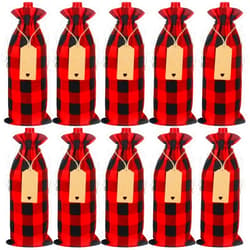 Shintop Christmas Wine Bags, 12 Pcs Buffalo Plaid Bottle Gift Bags with Drawstring & Tags Reusable Wine Bottle Cover for Christmas Wedding Birthday Holiday Party (14.6x6.3inch)