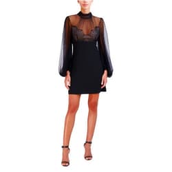 BCBGMAXAZRIA Women's Long Puff Sleeve Mock Neck a Line Mini Evening Dress