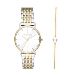 A｜X Armani Exchange Women's Silver and Gold Two-Tone Stainless Steel Bracelet Watch and Gold Bracelet Gift Set (Model: AX7156SET)
