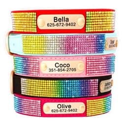 KINYABLUE Personalized Dog Collars, Soft Velvet Bling Dog Collar, Colorful Rhinestone Custom Dog Collar with Name Plate, Cute Girl Dog Collars for Small Dogs Female, Pink, S(10-12