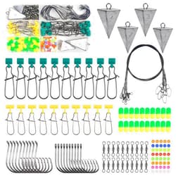 JOGFFDE 129pcs Surf Fishing Tackle Kit Fish Finder Rig Surf Fishing Rigs Include Pyramid Sinker Weights Sinker Slider Wire Leaders Hooks Swivels Beads Foam Floats Saltwater Fishing Accessories