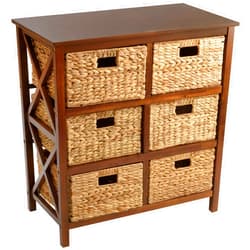 eHemco 3 Tier X-Side End Storage Cabinet with 6 Wicker Baskets, Walnut