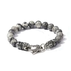 Starmond Mens Beaded Bracelets Gifts: 10mm Jasper Mens Bracelet Beads with Stainless Steel Skull Design and Lobster Clasps as Mens Jewelry Gift of Anxiety Bracelets