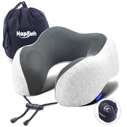 napfun Neck Pillow for Traveling, Upgraded Travel Neck Pillow for Airplane 100% Pure Memory Foam Travel Pillow for Flight Headrest Sleep, Portable Plane Accessories, Light Grey