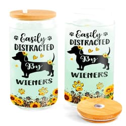 SUFAVN Dachshund Gifts - Christmas Dachshund Gifts For Women, Mom- Birthday Cup For Dog Owners - Wiener Dog Gift - Sunflower 16oz Glass Cup with Straw