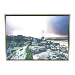 Kate and Laurel Sylvie Over The Rocks and Across The Beach Framed Canvas Wall Art by Laura Evans, 23x33 Gray, Decorative Coastal Art for Wall