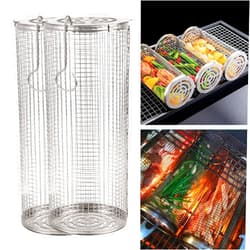 HYSENM 2PCS Rolling Grilling Basket Flip Cover BBQ Accessories Grill Basket - Grill Accessories Round Stainless Steel BBQ Grill Mesh Camping Barbecue Rack for Vegetable, Fish, French Fries
