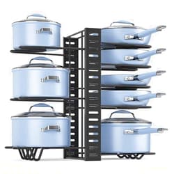 Felibeaco Adjustable Pots and Pans Organizer Rack for Cabinet, Metal Pans Pots Lids Storage Holder Rack with 3 DIY Methods for Kitchen, Counter,Black