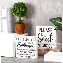Cinnvoice 2 Pcs Bathroom Signs Decor 6 Inch Wooden Funny Toilet Signs Wall Table Shelf Decorations Rustic Wood Plaque Please Seat Yourself Bathroom Art Decor for Home Toilet Restroom(White,Vintage)