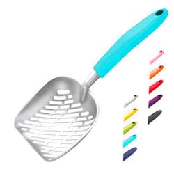 WePet Cat Litter Scoop, Aluminum Alloy Sifter, Kitty Metal Scooper, Deep Shovel with Diagonal Sifting Hole, Long Handle, Kitten Poop Lifter for Litter Box, Large Size, Turkish Blue Handle