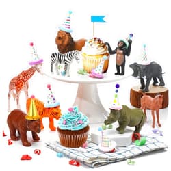 Colingmill 18 Pcs Jungle Animal Birthday Party Decorations Mini Birthday Hat Animal Figure Model Cake Toppers with Mini Hat for Birthday Party, Wild Animals Themed Party