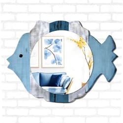 Colingmill Wooden Beach Mirror Wall Decor Small Decorative Coastal Fish Acrylic Mirror Wall Art Blue Sea Round Mirror Nautical Themed House Home Decor for Bedroom, Bathroom, Living Room, Nursery Decor