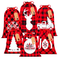 Aneco 6 Packs Christmas Buffalo Plaid Drawstring Bags Red and Black Plaid Gift Bag Cotton Xmas Buffalo Plaid Present Bags with 24 Tags Rope for Christmas Gift Wrapping, Assorted Sizes
