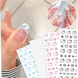 Meemooron 6 Sheets 3D Cartoon Nail Art Stickers, Cute Cat Self-Adhesive Nail Decals Kawaii Anime Kt Star Sticker Pink White Glod Adorable Kitty Designs Manicure Stickers for Women Girls DIY Nail Accessories