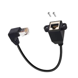 QIANRENON 90°Angle RJ50 10P10C Panel Mount Ethernet Extension Cable, 10P 10C Female to Right Angle Male Communication Extension Cable, Cat5E, Shielded, 30cm/11.8in (Down Bend)