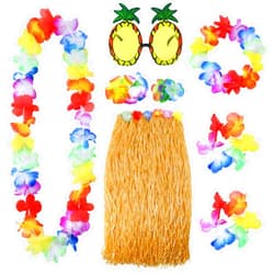 Elcoho 8 Pieces Grass Skirt Sunglasses Leis Necklace Bracelet Set Luau Decorations for Kids and Adults