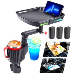 Aucurwen Cup Holder Tray for Car Cup Holder Expander for Car, 3 in 1 Expandable Car Food Table Tray for Eating - Road Trip Essentials, Car Gadgets for Men, Car Travel Accessories Fits 12-40 oz