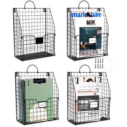 DILIBRA 4 Packs Hanging Wall File Organizer, Foldable Wall Magazine File Holder with Handle and Tag Slot, Metal Wall Mounted Mail Organizer Rack Folder Holder for Document Office Door Home Black