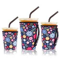 Yazabai 3 Pack Iced Coffee Sleeve Insulator Sleeves for Cold Drinks Beverages Reusable Neoprene Cup Sleeve with Handle Cup Holder for Starbucks Coffee, Dunkin Coffee, More (Black flower)